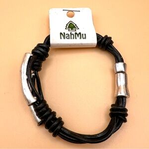 NahMu Silver Tone and Black Leather Cord Bracelet